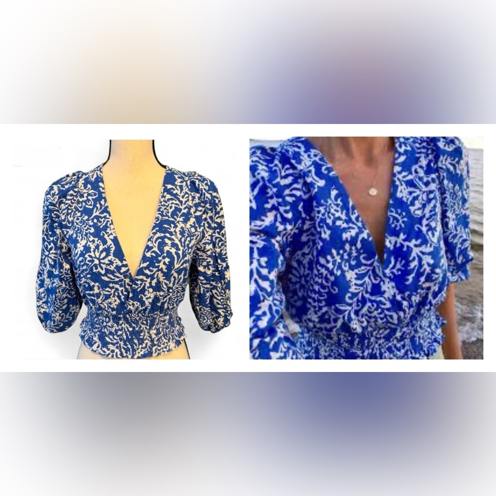 Zara Blue and White Eyelet Floral Blouse with Puff Sleeves